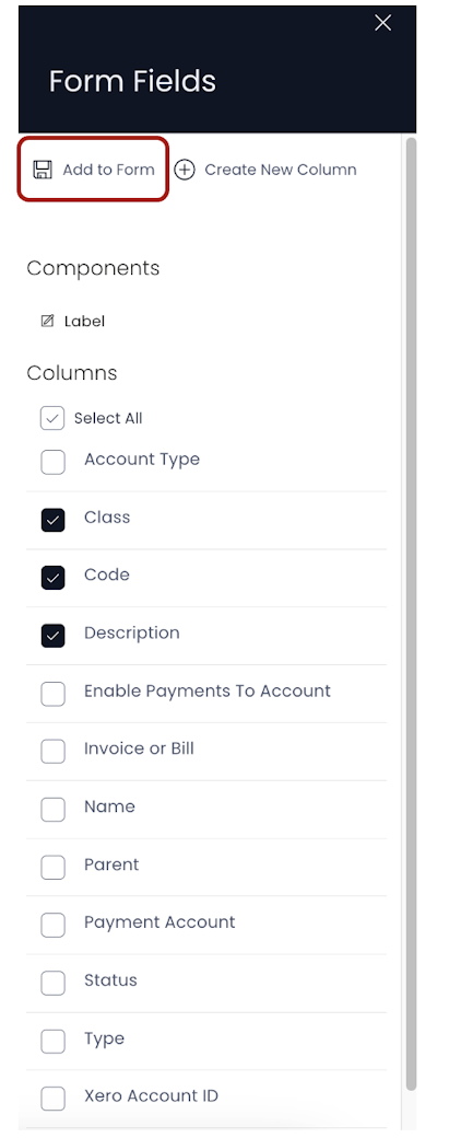 Adding selected columns to the form